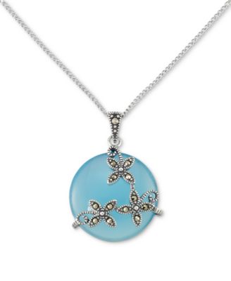 Macy's - Blue Agate & Marcasite Flower Disc 18" Pendant Necklace in Sterling Silver