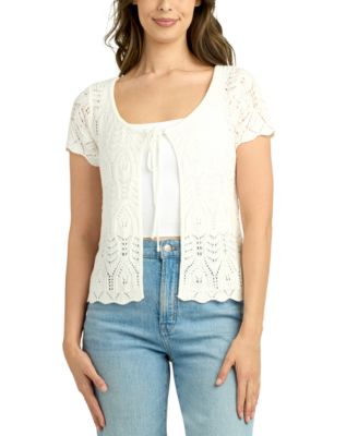 BCX - Juniors' Scalloped Pointelle Short-Sleeve Cardigan