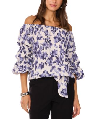 Vince Camuto - Women's Floral-Print Gathered-Sleeve Tie-Hem Top