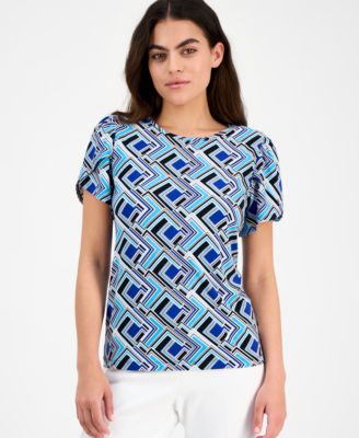 AK Anne Klein - Petite Geo-Print Tulip-Sleeve Top
