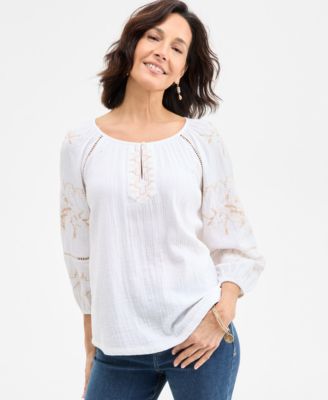 Style & Co - Women's Embroidered Cotton Peasant Top, Exclusively at Macy's