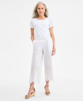 Style & Co - Petite Cotton Eyelet Scalloped Pull-On Pants