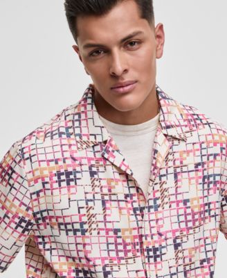 Mode of One - Men's Squared Up Relaxed-Fit Geo-Print Button-Down Shiny Twill Camp Shirt
