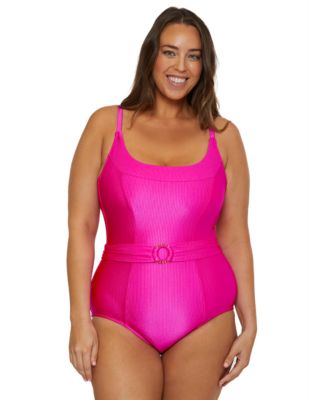 Becca ETC - Plus Size  Ring Belted Rib One-Piece Swimsuit