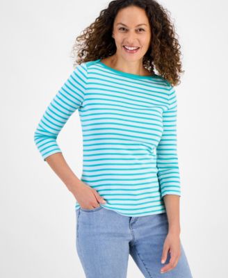 Style & Co - Petite Cotton Striped Boat-Neck 3/4-Sleeve Top