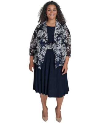 Jessica Howard - Plus Size 2.Pc Floral-Chiffon 3/4-Sleeve Jacket & Sleeveless Midi Dress