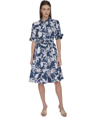 Calvin Klein - Women's Cotton Floral Belted Tie-Cuff Dress