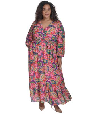 Jessica Howard - Plus Size Printed Tie-Waist Blouson-Sleeve Maxi Dress