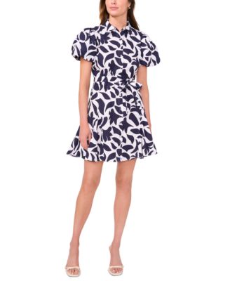 MSK - Women's Cotton Printed Puff-Sleeve Shirtdress