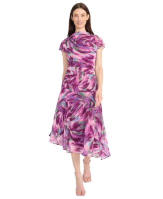 Maggy London - Women's Printed Asymmetrical Midi Dress