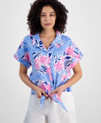 Charter Club - Petite Floral-Print Linen Tie-Front Shirt, Exclusively at Macy's