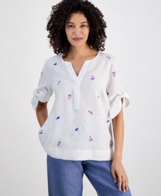 Charter Club - Petite Floral-Embroidered Linen Tie-Sleeve Top, Exclusively at Macy's