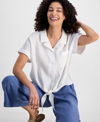 Charter Club - Petite Linen Tie-Front Top