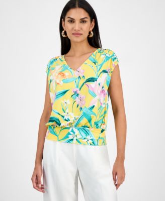 I.N.C. International Concepts - Women's Printed Ruched Cap-Sleeve Top, Exclusively at Macy's