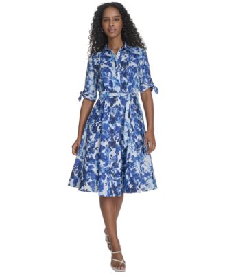Calvin Klein - Women's Cotton Printed Tie-Sleeve Shirtdress