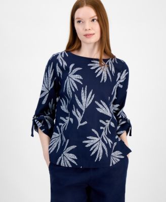 Charter Club - Women's 100% Linen Textured Palm-Print Top