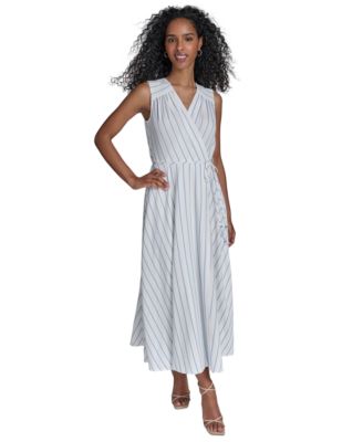 Calvin Klein - Petite Striped Faux-Wrap Maxi Dress