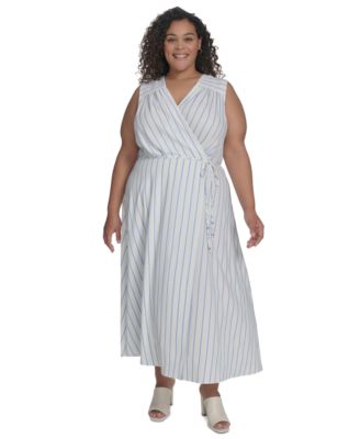 Calvin Klein - Plus Size Striped Faux-Wrap Maxi Dress