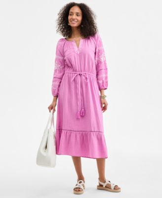 Style & Co - Petite Cotton Embroidered Tassel-Tie Midi Dress