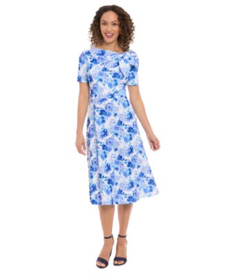 London Times - Petite Floral-Print Bow-Neck Midi Dress