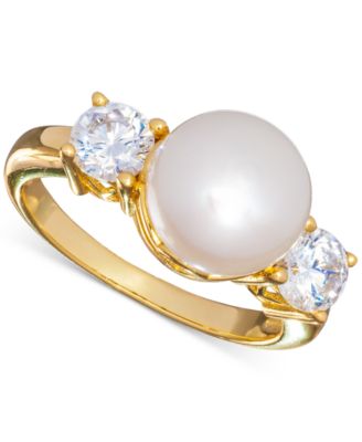 Macy's - Cultured Freshwater Pearl (10mm) & Cubic Zirconia Ring in 18k Gold-Plated Sterling Silver