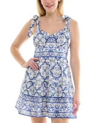 Trixxi - Juniors' Cotton Santorini Tie-Strap Smock-Back Mini Dress