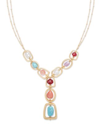 Style & Co - Gold-Tone Mixed Stone Orbital Lariat Necklace, 32" + 3" extender