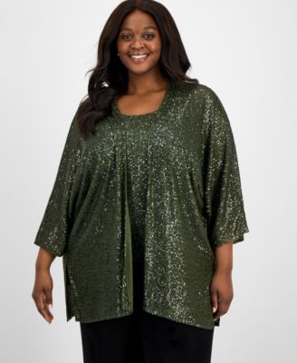 Anne Klein - Plus Size Sequinned 3/4-Sleeve Jacket