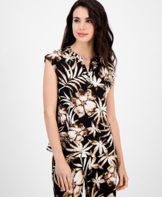 AK Anne Klein - Petite Printed Split-Neck Sleeveless Top