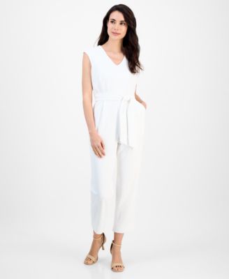 AK Anne Klein - Petite V-Neck Extended-Shoulder Cropped Jumpsuit
