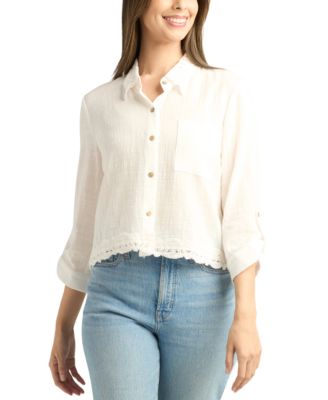BCX - Juniors' Lace-Trim Button-Front 3/4-Sleeve Top