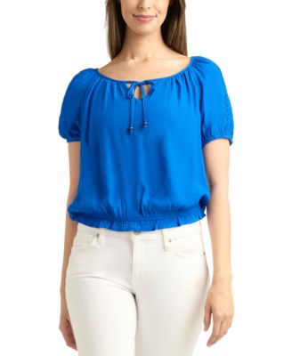 BCX - Juniors' Smocked-Hem Bubble-Sleeve Peasant Top