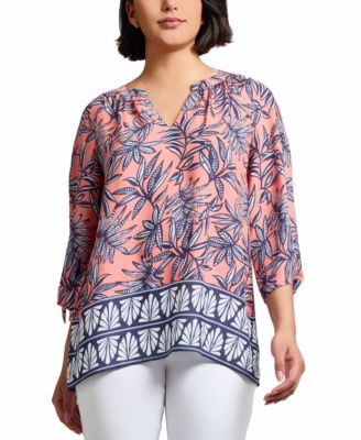 Jones New York - Women's Mixed-Print Split-Neck Top