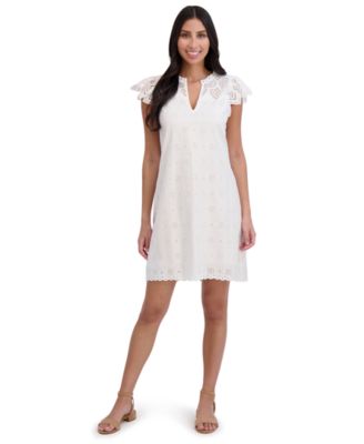 London Times - Petite Cotton Eyelet-Embroidered Mini Dress