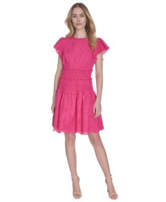 Eliza J - Women's Cotton Smocked Embroidered Flutter-Sleeve Dress