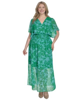 Jessica Howard - Plus Size Printed Chiffon Flutter-Sleeve Maxi Dress