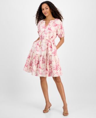 julia jordan - Women's Printed Short-Bubble-Sleeve Tie-Waist Dress