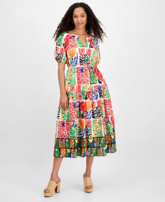 julia jordan - Women's Printed V-Neck Puff-Sleeve Midi Dress