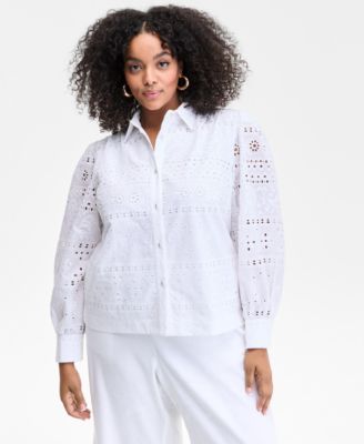 I.N.C. International Concepts - Plus Size Cotton Eyelet-Embroidered Blouse
