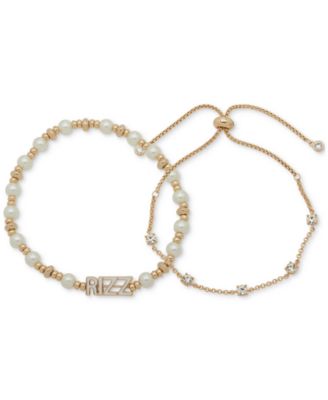 Clueless - Gold-Tone 2-Pc. Set Crystal Slider & Rizz Imitation Pearl Beaded Stretch Bracelets