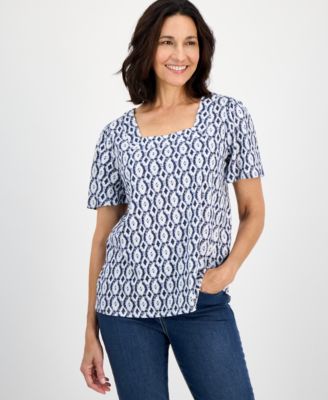 Style & Co - Women's Geo-Print Square-Neck Flutter-Sleeve Top