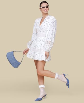 Avec Les Filles - Women's Cotton Lace-Trim Floral-Print Mini Dress