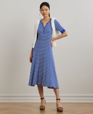 Lauren Ralph Lauren - Petite Striped Waffle-Knit Cotton Henley Dress