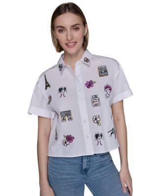 KARL LAGERFELD PARIS - Petite Cotton Embroidered Short-Sleeve Shirt