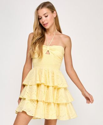 KATIA RAE - Juniors' Smocked Eyelet Halter Dress