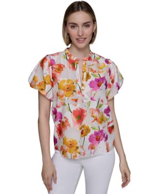 KARL LAGERFELD PARIS - Petite Floral-Print Flutter-Sleeve Top
