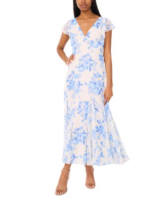 CeCe - Women's Printed V-Neck Flutter-Sleeve Chiffon Dress