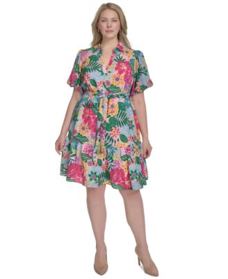 Jessica Howard - Plus Size Printed Tie-Waist Puff-Sleeve Dress
