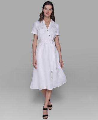 KARL LAGERFELD PARIS - Women's Novelty-Button Tie-Waist Midi Shirtdress