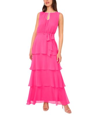 MSK - Women's Keyhole-Neck Sleeveless Tiered Chiffon Gown